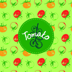 Vector Tomatoes pattern seamless for label tomato paste or Tomato juice packaging. Hand-drawn vegetarian background. Organic vegetables. Vegan ornament for eco market banner, healthy food flyer — Bio.