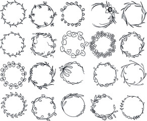 Fototapeta premium Hand drawn set of wreaths with flowers and leaves. Vector illustration