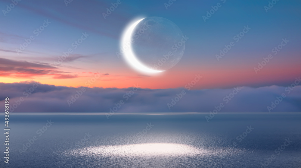 Poster ramadan concept - abstract background with crescent moon over the sunset clouds