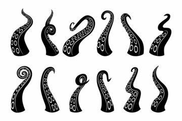 Black icons. Cartoon octopus squid and cuttlefish underwater animals arms. Vector silhouette logo © Natalia