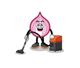 Character mascot of sliced onion holding vacuum cleaner
