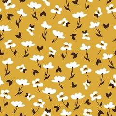 Fototapeta premium Seamless vintage pattern. white flowers, brown leaves. Yellow background. vector texture. fashionable print for textiles, wallpaper and packaging.