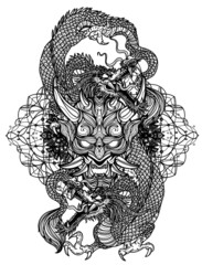 Tattoo art dragon and devil mask hand drawing sketch