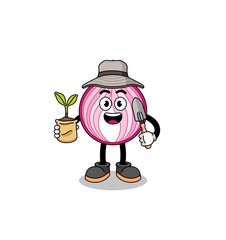 Illustration of sliced onion cartoon holding a plant seed