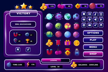 Space game . Cartoon web and mobile game icons, progress-bar, score counter and panels. Vector set © Natalia