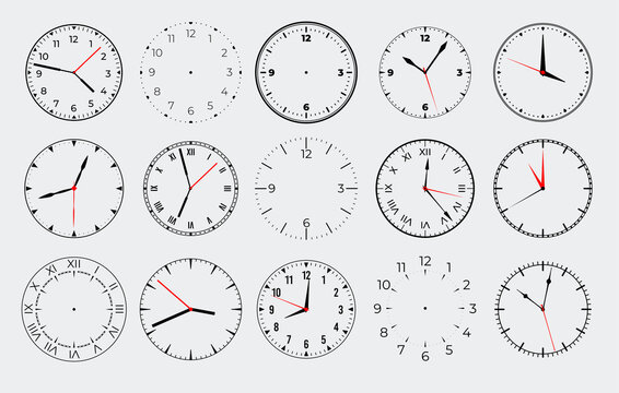 Circle watch face. Clock with marks numbers and arrows. Vector isolated set