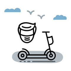 Electric Scooter Rider wearing Helmet Concept, Kick Bike Racer Vector Icon Design, Green transport Symbol, eco Motorized scooter Sign, push-scooter and street vehicle stock illustration