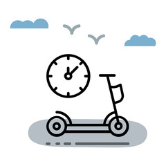 Electric Scooter Rental Hours Concept, e-bike with clock Vector Icon Design, Green transport Symbol, eco Motorized scooty Sign, mobile app ui, push-scooter and street vehicle stock illustration