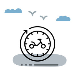 ebike with timer clock Concept, Electric Scooter Charging time frame Vector Icon Design, Green transport Symbol, Eco Motorized scooty Sign, push-scooter and street vehicle stock illustration