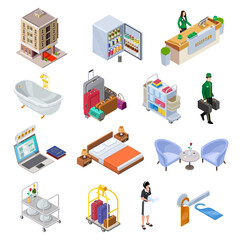 Hotel isometric icons collection vector illustration. Personnel work at apartment customers service