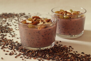 Black rice pudding. Made with black rice simmered in milk, sweetened with sugar and flavored with cardamom