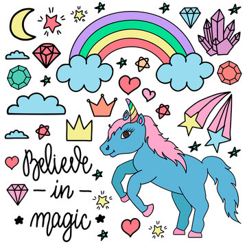 Cute unicorns and other elements. Set of illustrations in hand drawn, doodle style isolated on white background