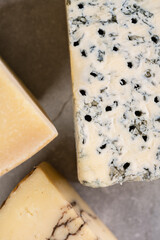 Three types of cheese - parmesan and gorgonzola. Old aged cheese, blue cheese.