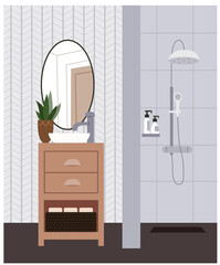 Modern bathroom interior. Shower, mirror and cabinet. Monochrome colors.