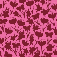 Seamless vintage pattern. Burgundy flowers and leaves. bright pink background. vector texture. fashionable print for textiles, wallpaper and packaging.