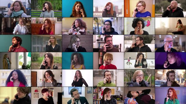 Smiling women and men talking on cellphone. Smiling people talking on phones. Multiscreen on different people using smartphones. Communication and technology concept
