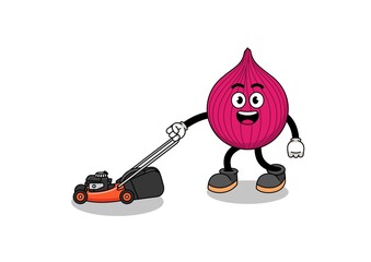 onion red illustration cartoon holding lawn mower
