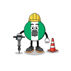 Character cartoon of nigeria flag working on road construction