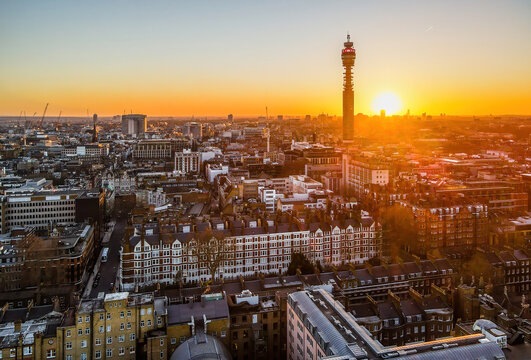 Aerial view of BT tower in London at sunset