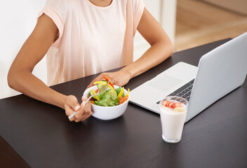 Fototapeta na wymiar Make everyday a healthy day. Cropped shot of a young woman enjoying a salad and working on a laptop at home.