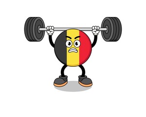 belgium flag mascot cartoon lifting a barbell