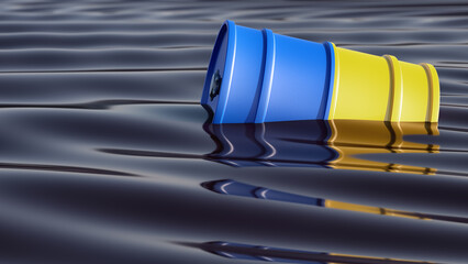 Oil drum with Ukraine national flag swimming in an ocean of black oil. 3D Rendering