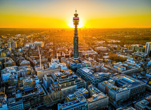 Aerial view of BT tower in London at sunset
