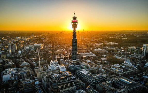 Aerial view of BT tower in London at sunset