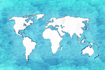 .Pencil drawing white continents of the Earth on a blue background. Outline map.