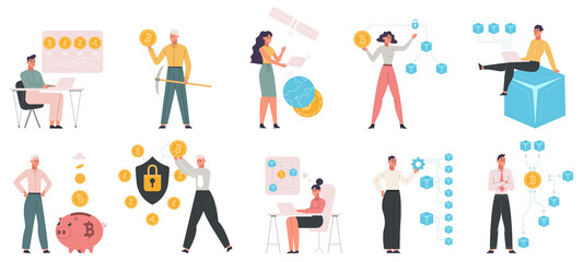 Cryptocurrency, bitcoin and blockchain data technologies. Modern digital money mining vector illustration set. Business people crypto coins mining