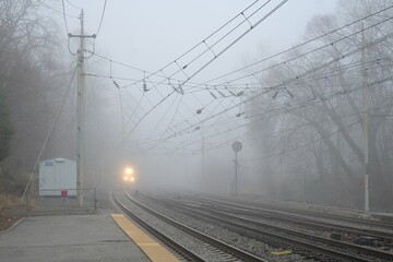 railway in the fog - train approaching Overbrook Train station