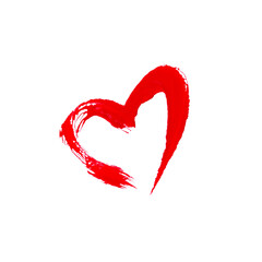 Bright red heart painted with a brush on a white background. Valentine's Day red heart. Hand-drawn.