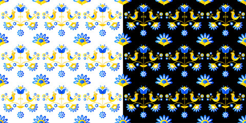 Seamless pattern based on Ukrainian embroidery on white and black background. Vector stylized ornament in Ukrainian style.