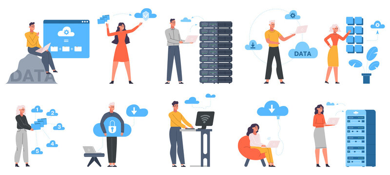 Cloud engineering, data storage, clould service server. Data cloud server, network hosting online services vector illustration set. Cloud hardware technology