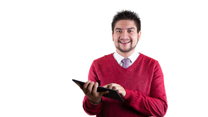 cheerful latin man with a tablet with red jacket, businessman or entrepreneur on white background