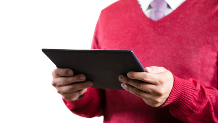 cheerful latin man with a tablet with red jacket, businessman or entrepreneur on white background