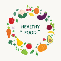 Healthy food vector template, background.  Round design, fruits and vegetables.
