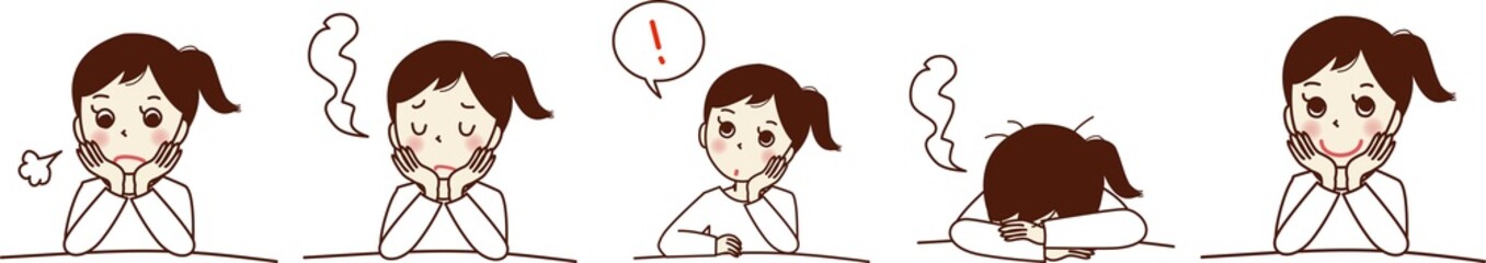 上半身の若い女性のセットイラスト。ため息、悩み、開き、笑顔。