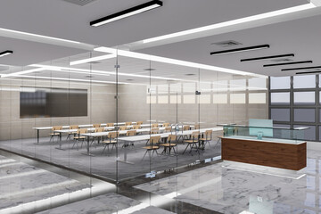 3D illustration Classroom or Seminar with glass panel