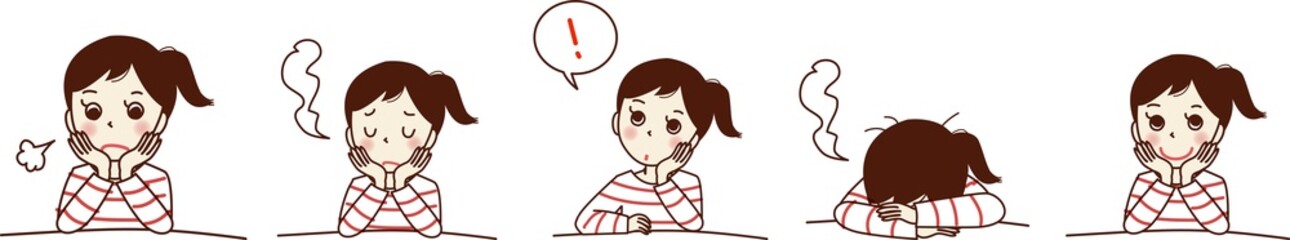 上半身の若い女性のセットイラスト。ため息、悩み、開き、笑顔。