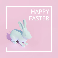 Three-dimensional model of a monophonic rabbit on a pink background and a white frame. Easter minimalistic modern concept. Text 