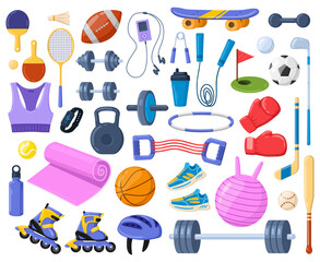 Cartoon sport equipment, fitness, athlete gym accessories. Sports inventory for baseball, football and tennis vector illustration set. Healthy lifestyle sports tools