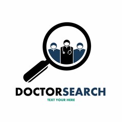 Doctor search vector logo template. This design use human and magnifying glass symbol. Suitable for medical.