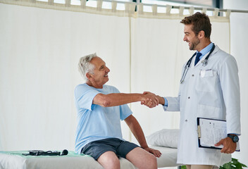 Obraz premium Looks like weve reached our goal. Cropped shot of a young male doctor shaking hands with an elderly patient in his office.