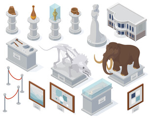 Isometric museum exhibits, ancient statue, art exhibition and archeology exposure. Dinosaur bones and mammoth vector illustration. Art objects and primitive people tools - obrazy, fototapety, plakaty