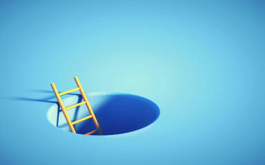 Ladder rises up from a hole in the ground. - obrazy, fototapety, plakaty