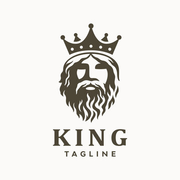 Greek old man bearded king with crown logo. Vector illustration.