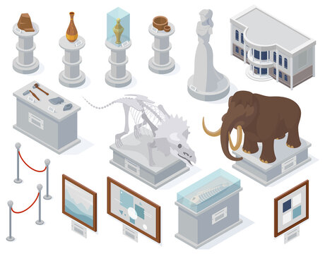 Isometric museum exhibits, ancient statue, art exhibition and archeology exposure. Dinosaur bones and mammoth vector illustration. Art objects and primitive people tools