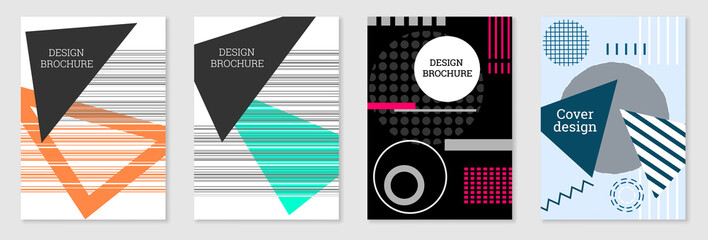 Set of cover design in Memphis style. Geometric design, abstract background. Fashionable bright cover, banner, poster, booklet. Creative colors.