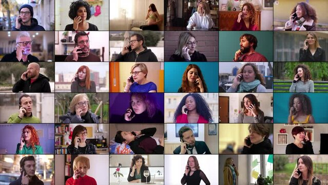 Multiscreen or colage on diverse mixed-races people talking on smartphone. Handsome caucasian and american african people calling on mobile phone
